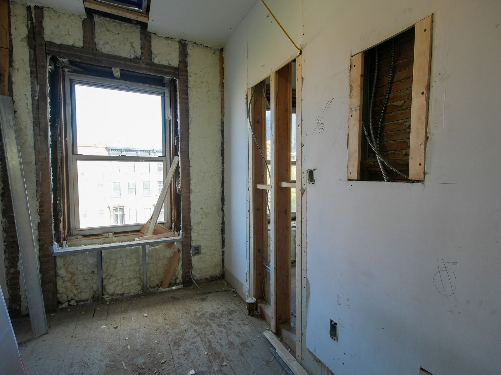 Interior under renovation with exposed framing